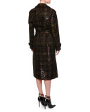Notch-Collar Embellished Plaid Trench Coat, Black/Ancient Gold