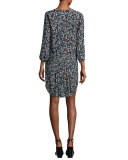 August Pintucked Floral Silk Boho Dress, Black