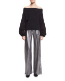 Luminous Wide-Leg Lamé Pants, Silver