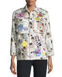 Doggie-Print Cashmere Army-Style Jacket, White