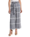 Cropped Plaid Wide-Leg Pants, Chambray