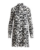 Long-Sleeve Floral Silk Tie-Neck Mini Dress, Ivory