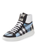 Lockhart Check & Leather High-Top Sneaker, Light Blue