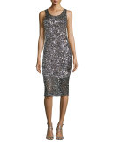 Sleeveless Sequined Cocktail Dress, Silver