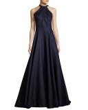 Sleeveless Satin Jacquard Ball Gown, Navy
