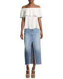 Long Denim Skirt with Front Slit, Indigo