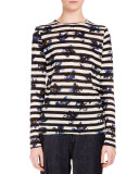 Long-Sleeve Falling-Flower Striped T-Shirt, Stripe Cobalt Flower