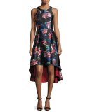 Sleeveless Floral Satin High-Low Dress, Garnet/Multicolor