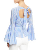 Luna Striped Bell-Sleeve Peplum Blouse, Sky