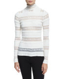 Antonia Turtleneck Sheer-Striped Top, Ivory