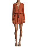 Pilar Long-Sleeve Blouson Mini Dress, Rust