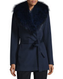 Short Wool Wrap Coat w/ Fox Fur, Midnight