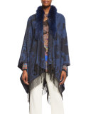 Paisley Fringe Cape with Fur Collar, Navy