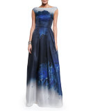 Dramatic Floral-Print Satin Gown, Navy/Multi