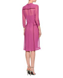 3/4-Sleeve Ric Rac-Hip Belted Dress, Peony/Lavender