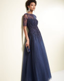 Beaded Lace & Tulle Gown, Navy