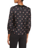 Tulip-Print Lace-Inset Blouse, Black/Multi
