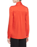 Tie-Neck Stretch-Silk Crepe Blouse, Flame