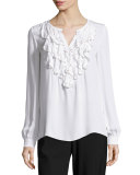 Flori Long-Sleeve Ruffled Silk Blouse, White