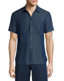 Morton Chambray Tailored Short-Sleeve Sport Shirt, Indigo