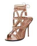 Mila Studded Laser-Cut Sandal, Tan