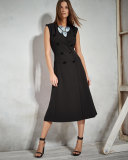 Double-Breasted Sleeveless Coat Dress, Black