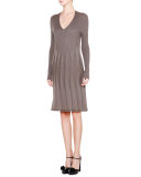 Long-Sleeve V-Neck Pleated Dress, Mud