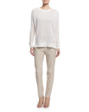 Mesh-Stitched Long-Sleeve Pullover Sweater
