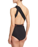 One-Shoulder Wrap One-Piece Swimsuit with Belt