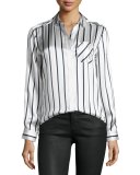 Long-Sleeve Striped Silk Charmeuse Blouse, Silver/Midnight/White