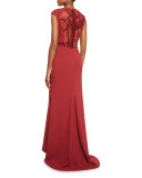 Beaded-Back Cap-Sleeve Gown, Ruby