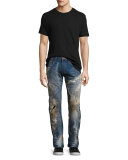 Stained & Distressed Slim-Straight Jeans, Blue