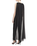 Charo Sleeveless Crepe Jumpsuit w/ Chiffon Cape, Black