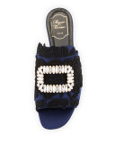 Strass-Buckle Macramé Slide Sandal, Black/Blue
