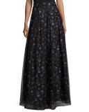 Violet-Print Organza Ball Skirt, Black/Purple 