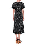 Polka-Dot Flutter-Sleeve Midi Dress, Black/White