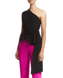 Sash-Waist One-Shoulder Top, Black
