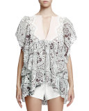 Flutter-Sleeve Embroidered Blouse, Daisy Print