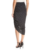 Ari Ruched Silk Polka-Dot Skirt, Black