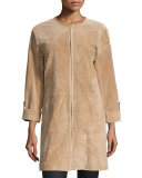 Zip-Front Rolled-Cuff Suede Topper Coat, Taupe