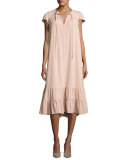 Short-Sleeve Tie-Neck Flounce-Hem Dress, Blush