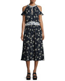 Floral Silk Cold-Shoulder Midi Dress, Midnight