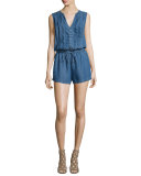 Sleeveless Button-Front Romper, Medium Wash