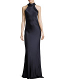 Tie-Neck Sleeveless Silk Gown, Dark Blue