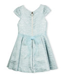 Cap-Sleeve Metallic Brocade Fit-and-Flare Dress, Blue, Size 4-6X