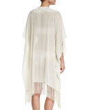 Embroidered Fringe-Hem Chiffon Caftan Coverup