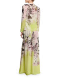 Kimono Floral-Print Button-Front Blouse, Yellow/Pink