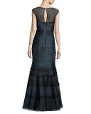 Sleeveless Lace-Trim Tiered Taffeta Gown, Navy/Black