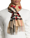 Cashmere Heart and Check Print Scarf, Brown/Red