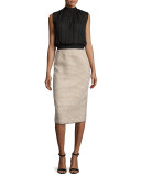 Sleeveless Mixed-Media Midi Dress, Camel/Black